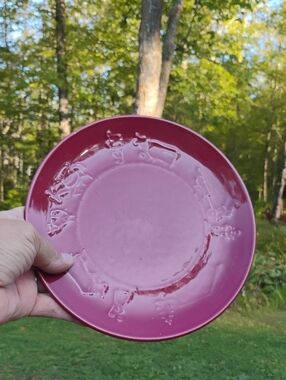 Vintage  CRANBERRY SALAD PLATES FARM SCENE 8"
